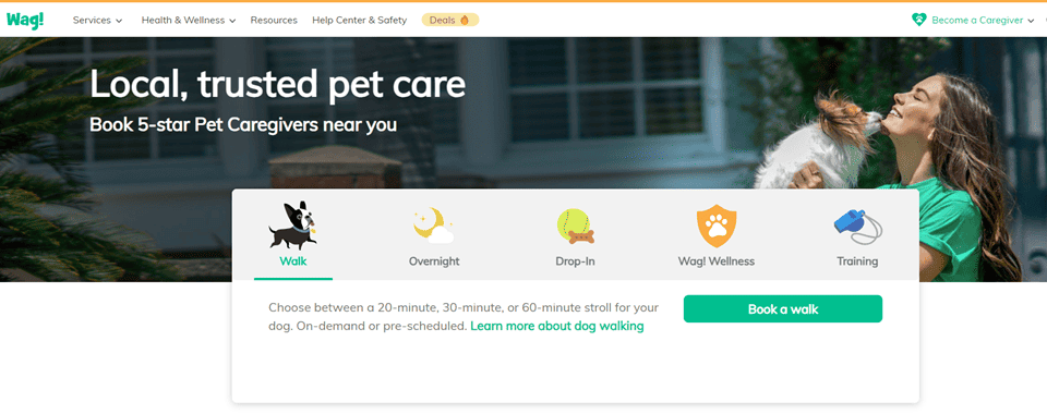 Wag dog walking app logo and interface features