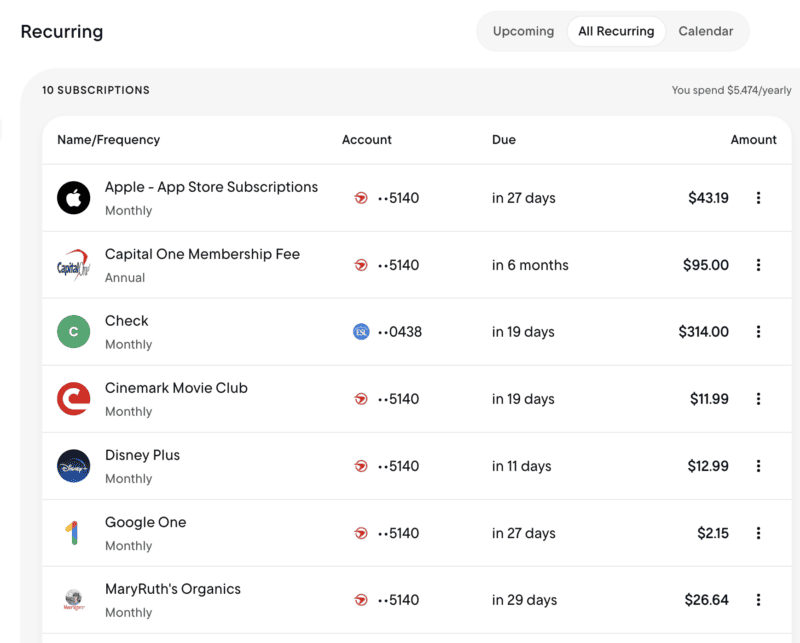 Rocket Money Transaction List